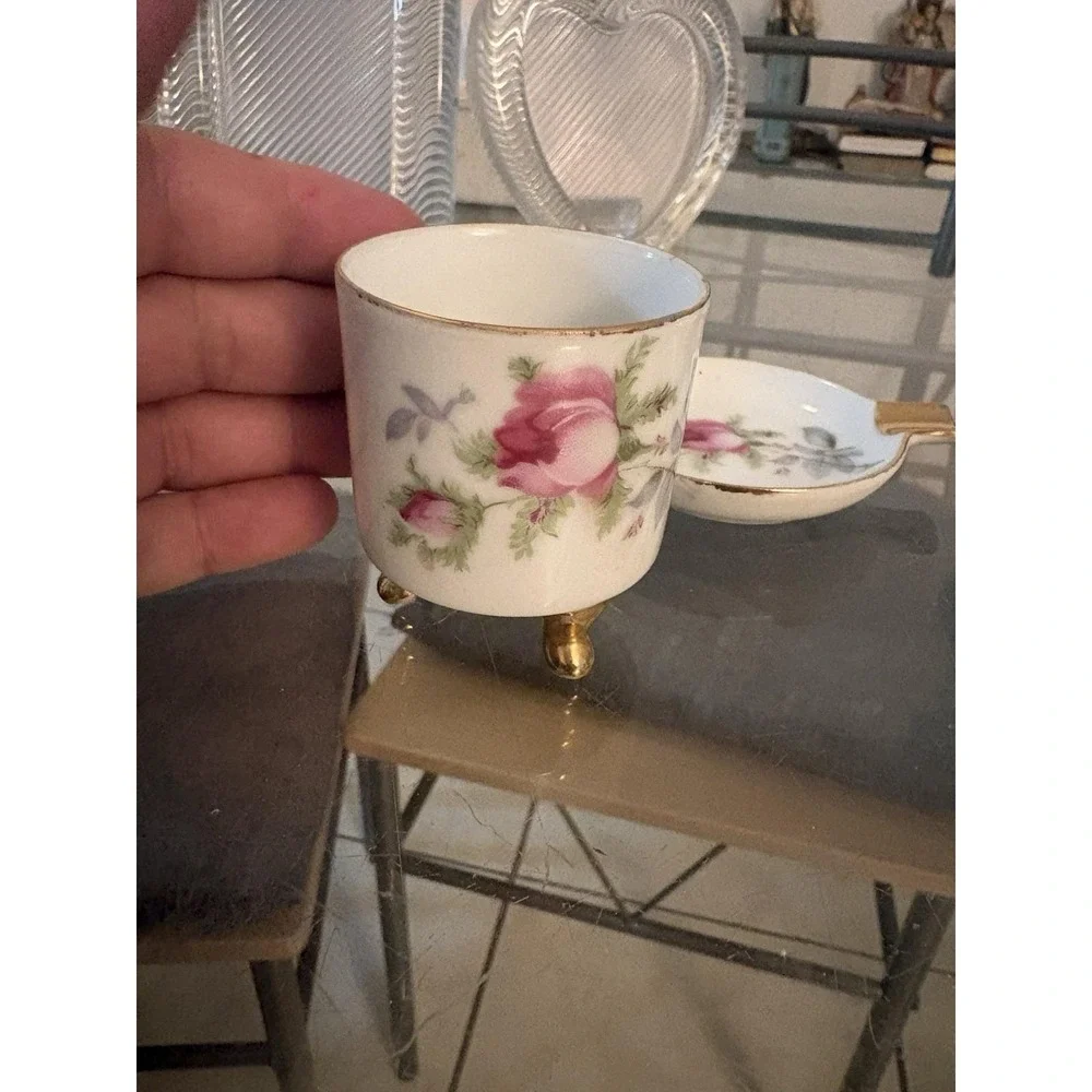 Vtg Lefton China Hand Painted Rose Mini Smoking Set Ashtray Creamer Japan